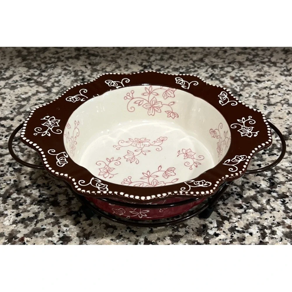 TEMPTATIONS FLORAL LACE‎ .5 Qt. ROUND Scalloped Edge BAKING DISH W/ Rack 796569